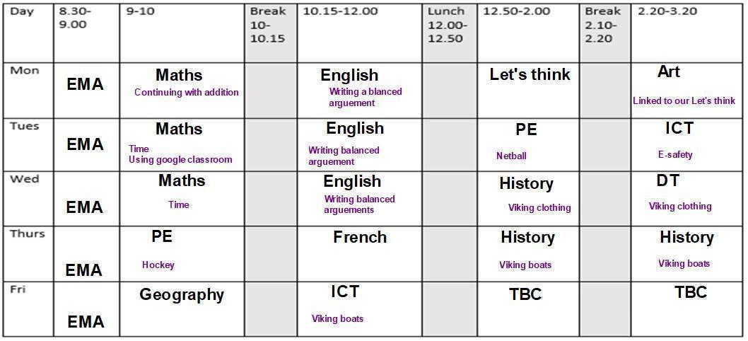 Timetable WB: 19/10/20